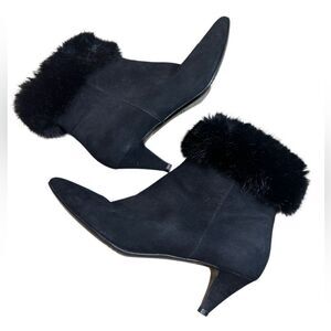 Aquatalia Black Suede Faux Fur Kitten Heel Booties